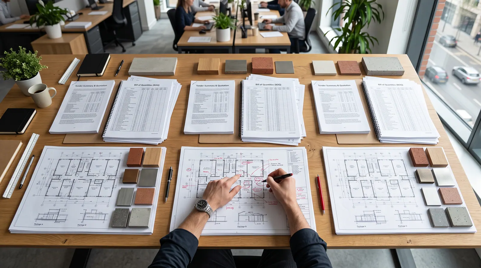 Detailed bills of quantities and drawings laid out side by side for comparison