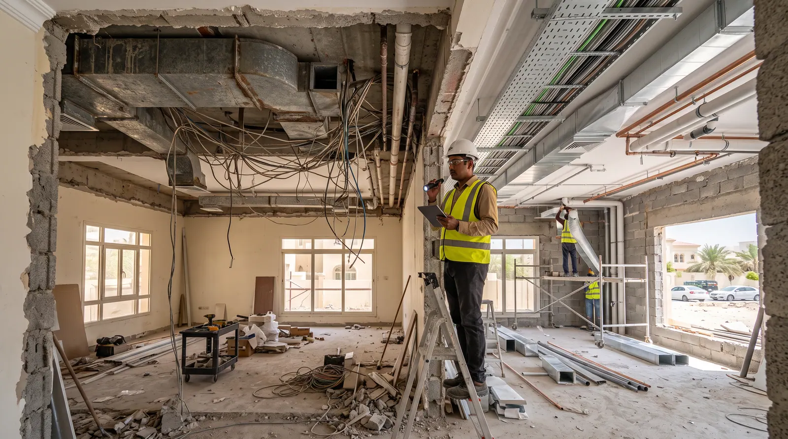 Stripped-out villa interior exposing old electrical and air-conditioning services