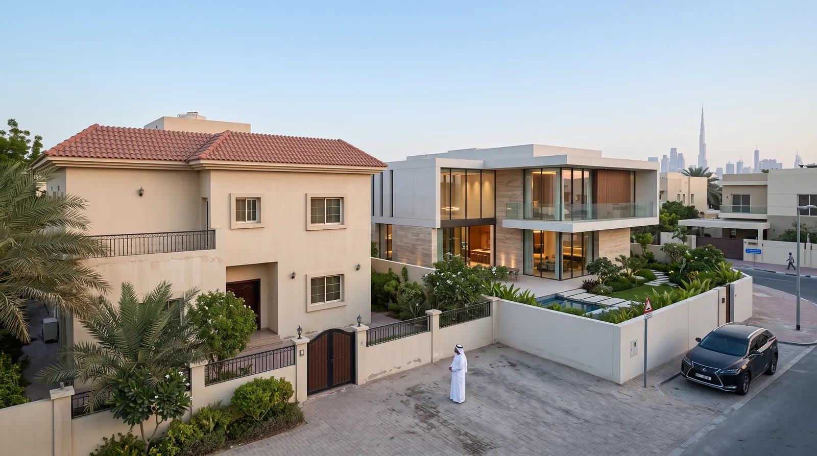 Older Dubai villa standing beside a newly rebuilt modern villa