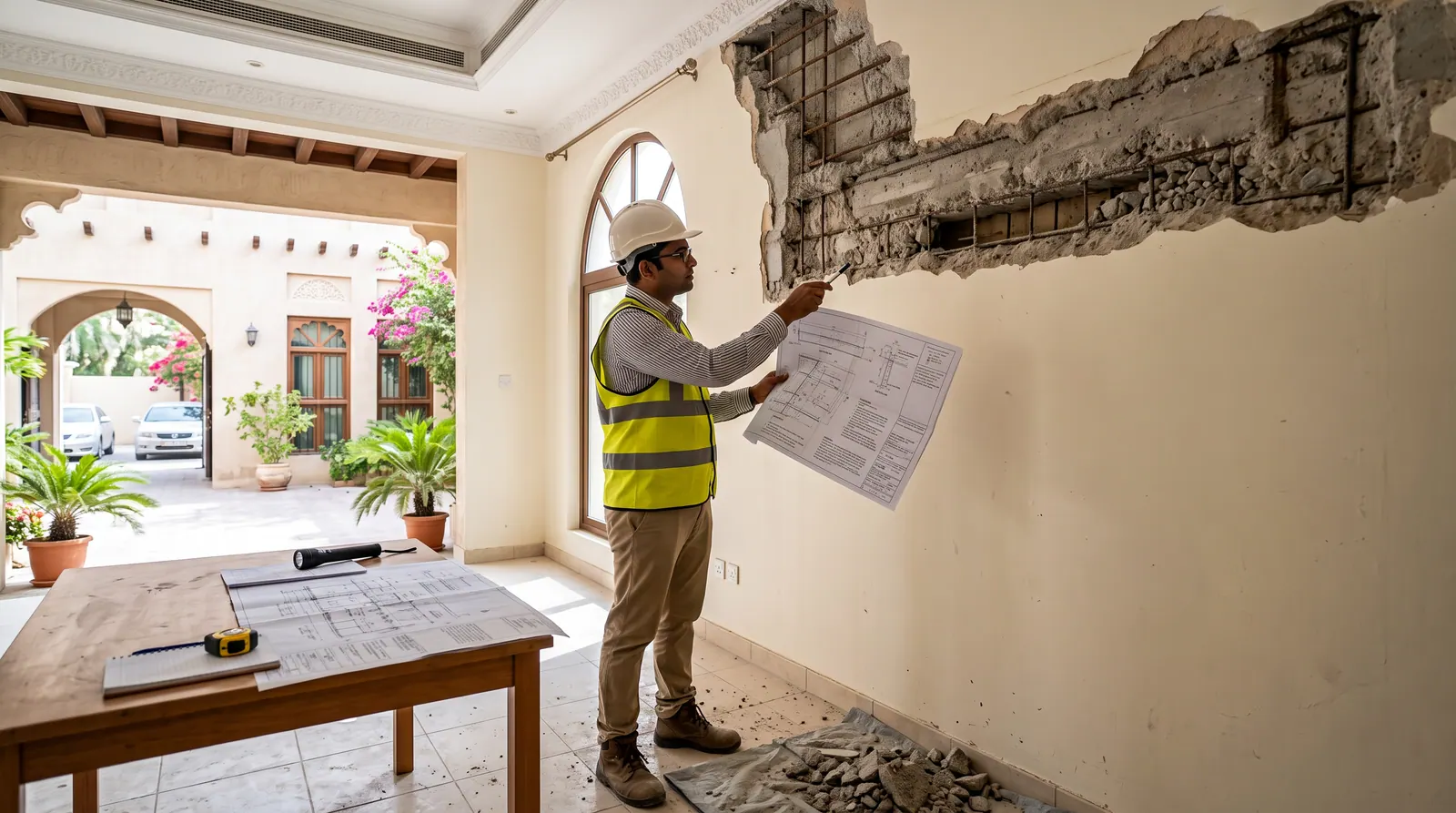 Engineer checking drawings against a partly demolished internal wall