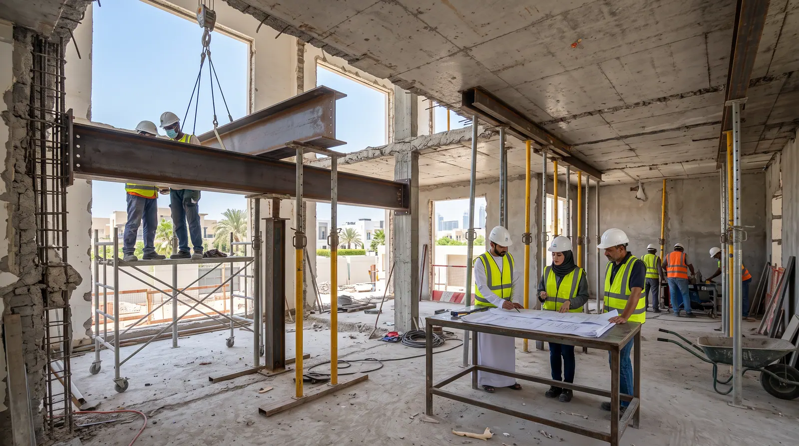 Steel beam being lifted into place during structural alterations