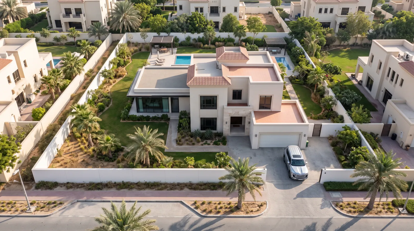 Aerial view of a villa plot showing boundary setbacks and remaining open area