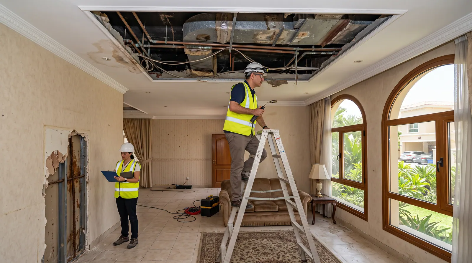 Surveyors inspecting an opened ceiling void in an older villa