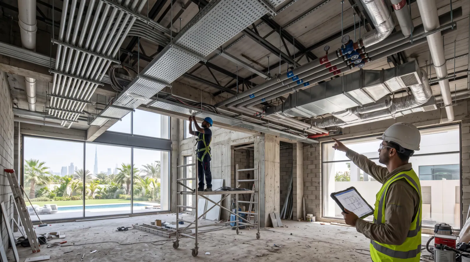 New ductwork, pipework and electrical containment installed at ceiling level