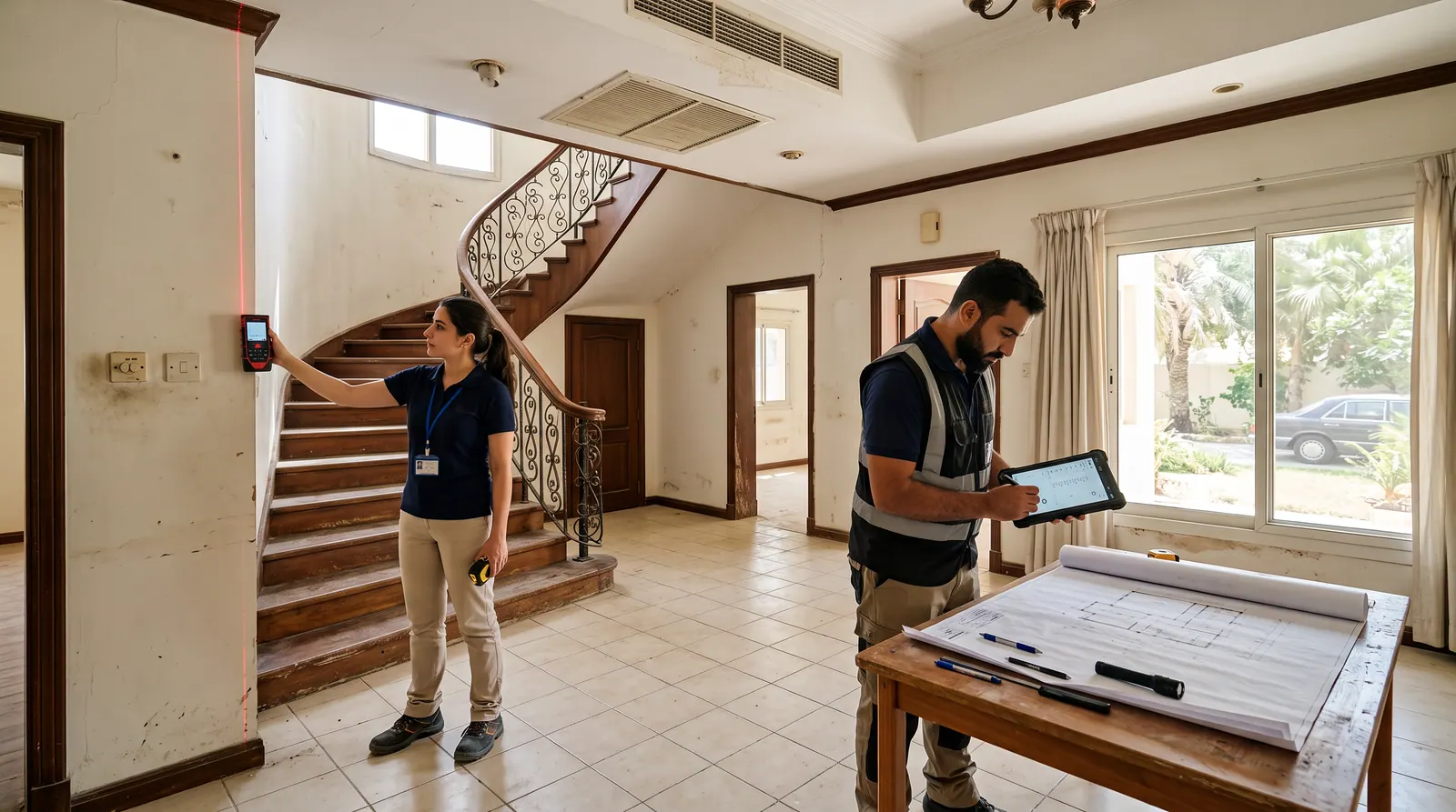 Surveyor and consultant recording existing villa conditions on site