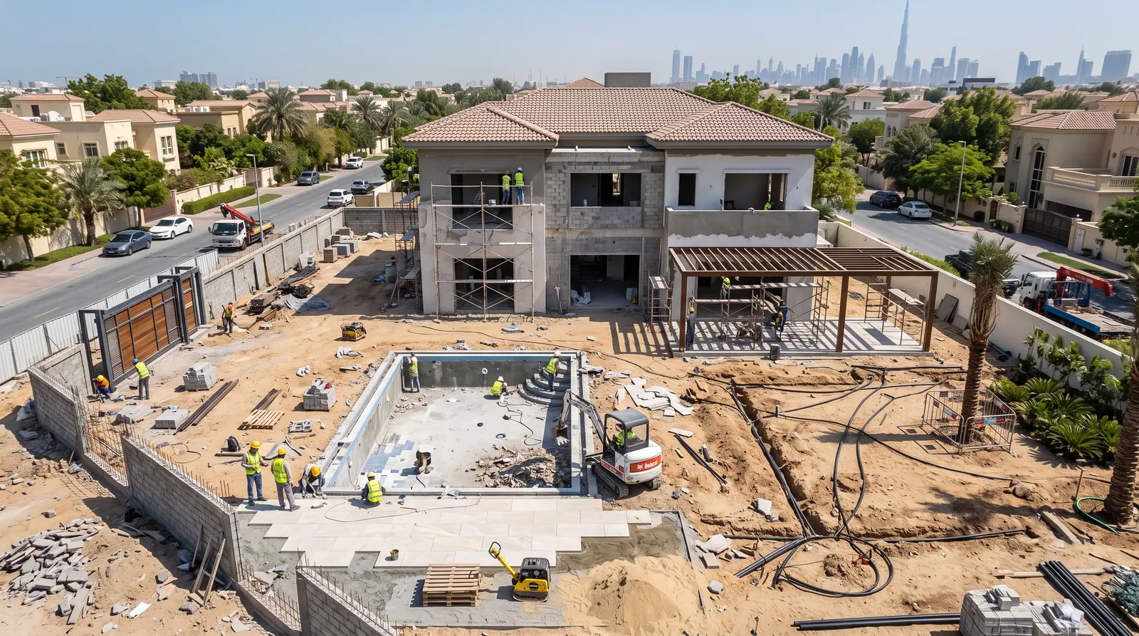 Aerial view of a villa site with pool excavation and external works
