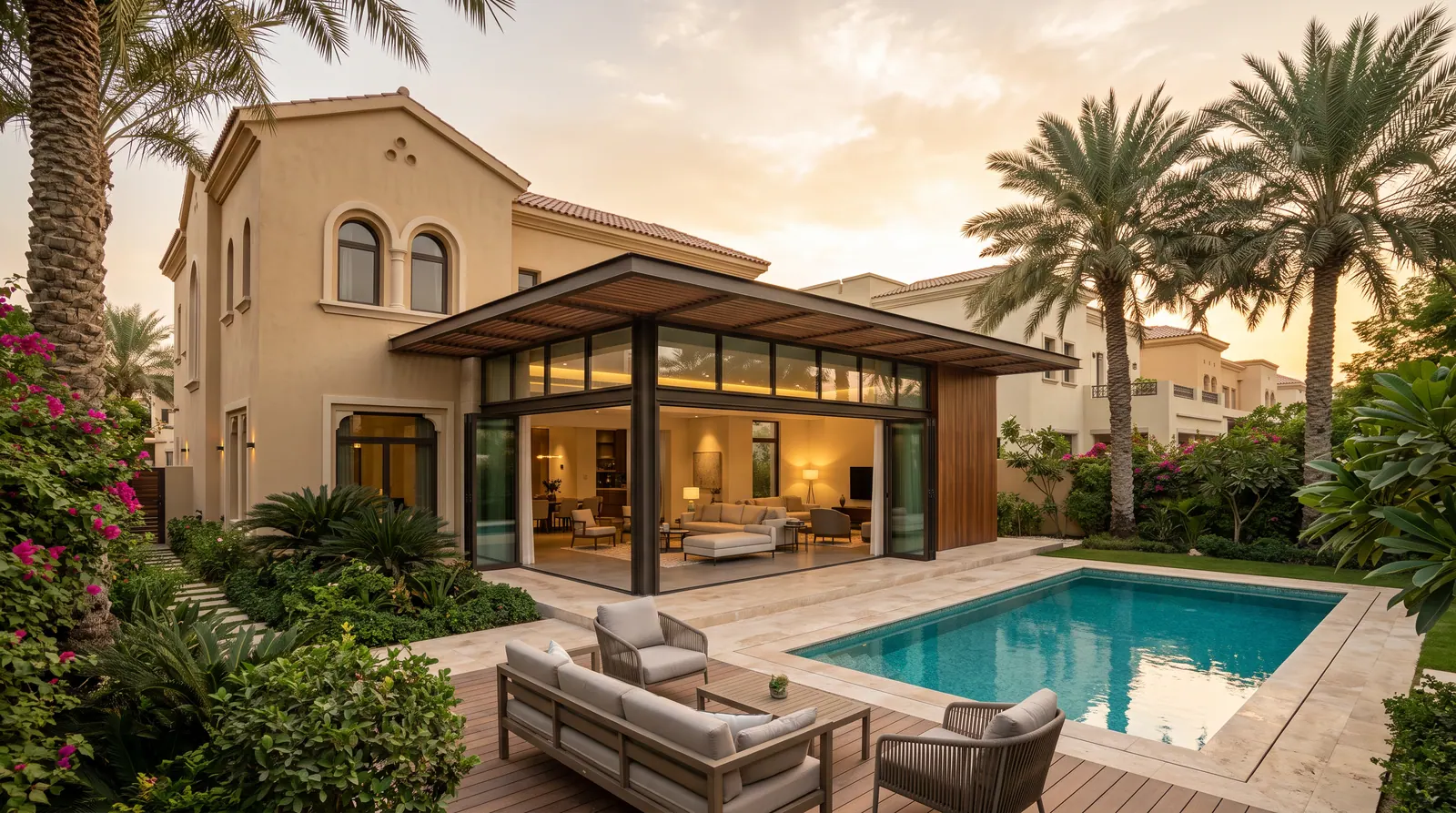 Villa with a glazed single-storey extension overlooking the pool terrace