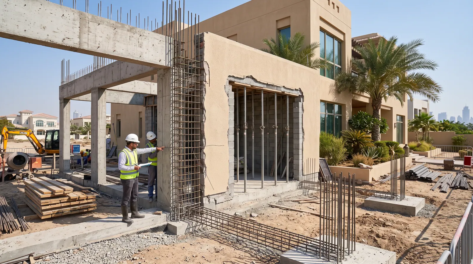 Reinforced concrete frame under construction for a villa extension