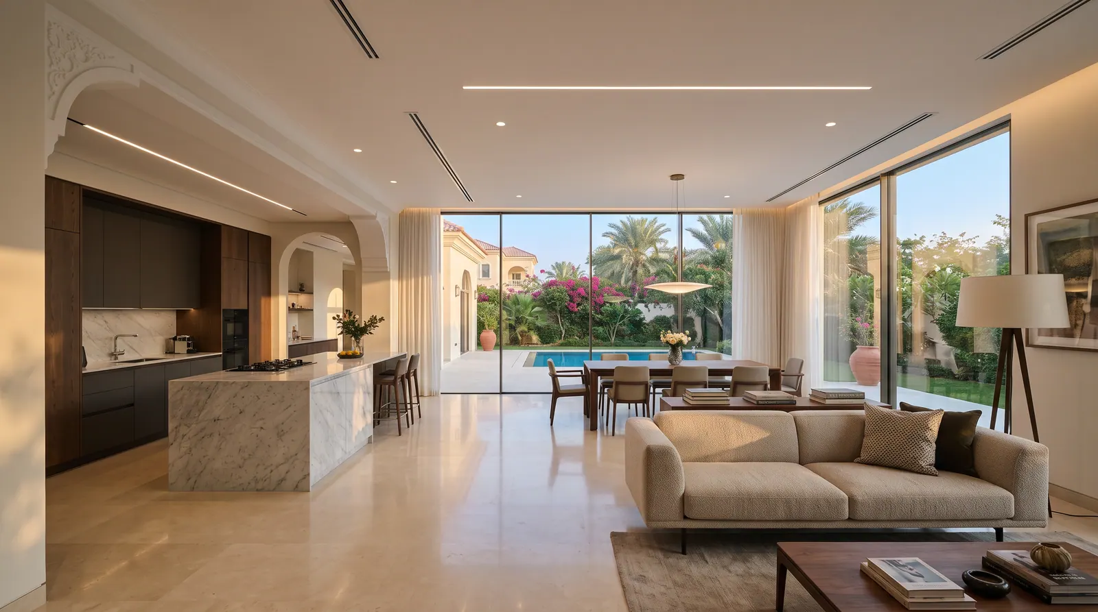 Open-plan villa living, dining and kitchen space created by removing a wall