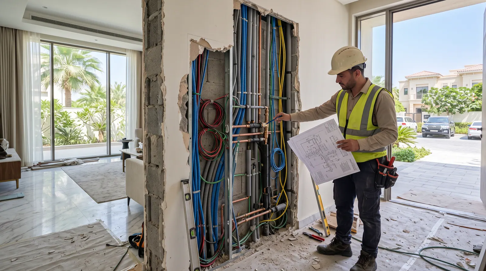 Technician inspecting electrical and plumbing services running inside a wall
