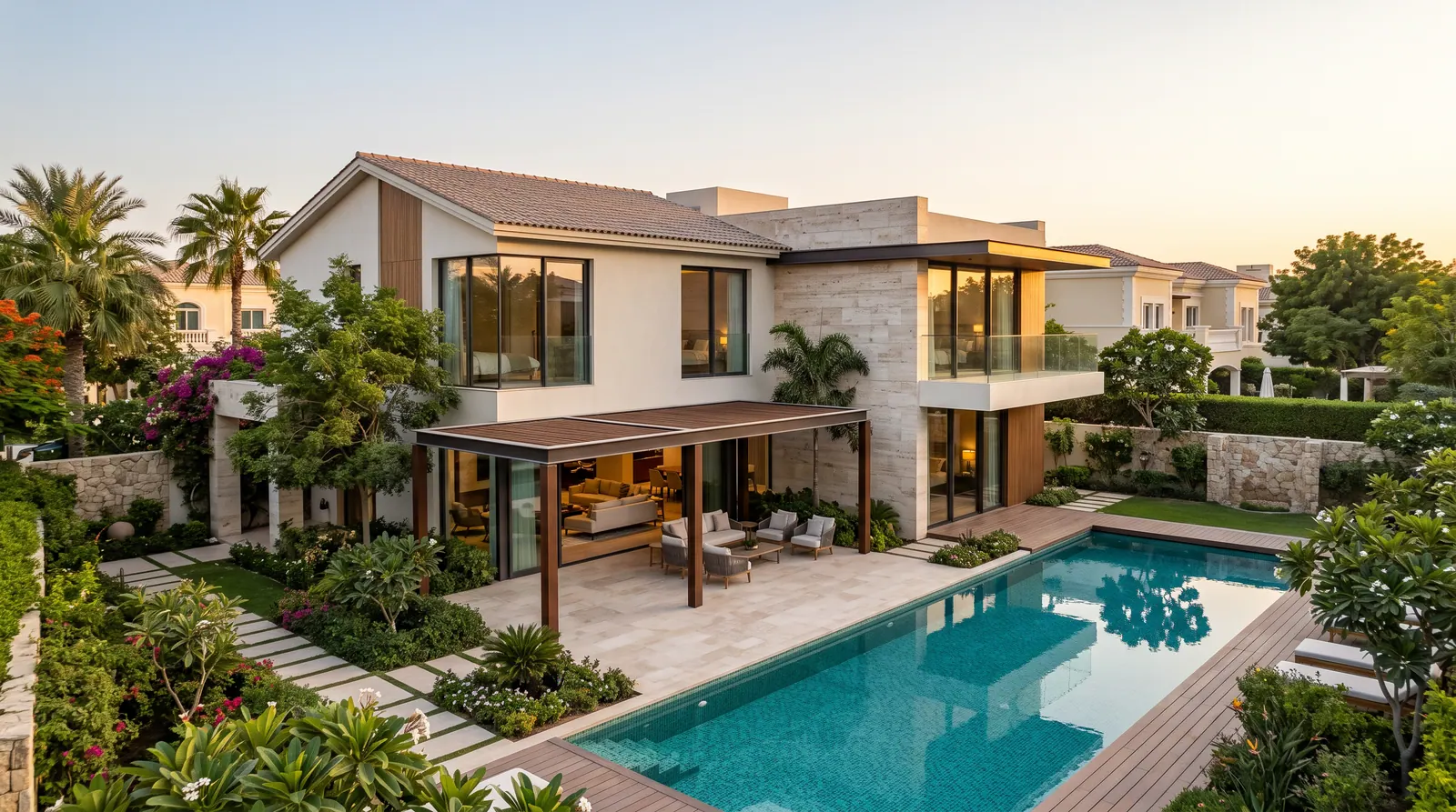 Completed contemporary villa with swimming pool and landscaped garden at dusk