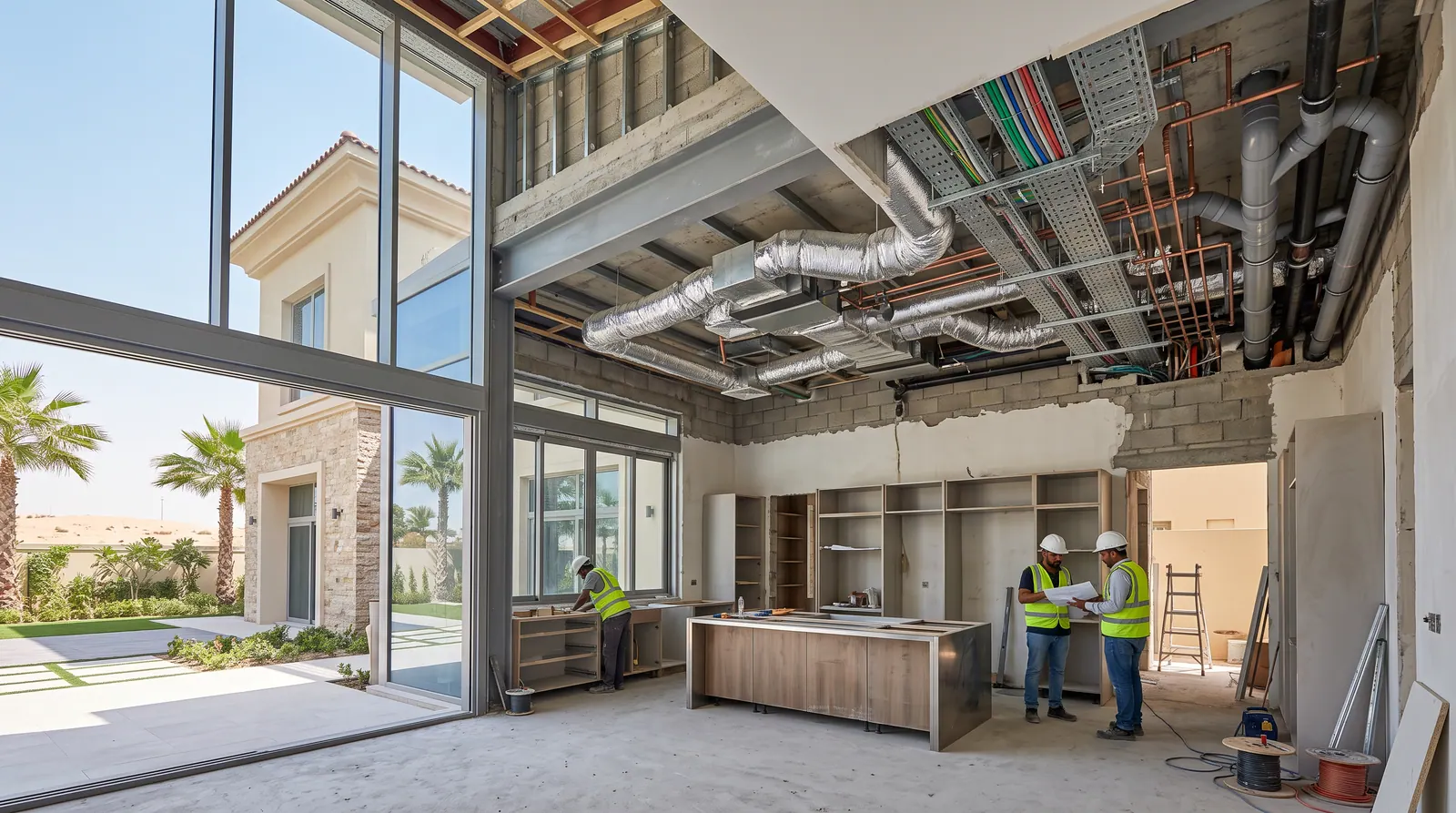Double-height villa interior with exposed ductwork during fit-out