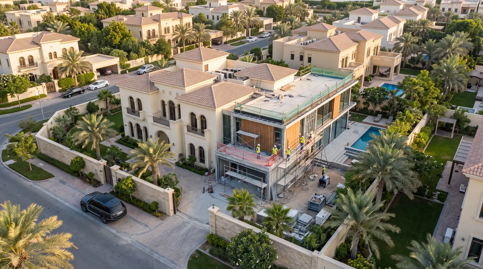 Aerial view of an established Dubai villa community with works underway