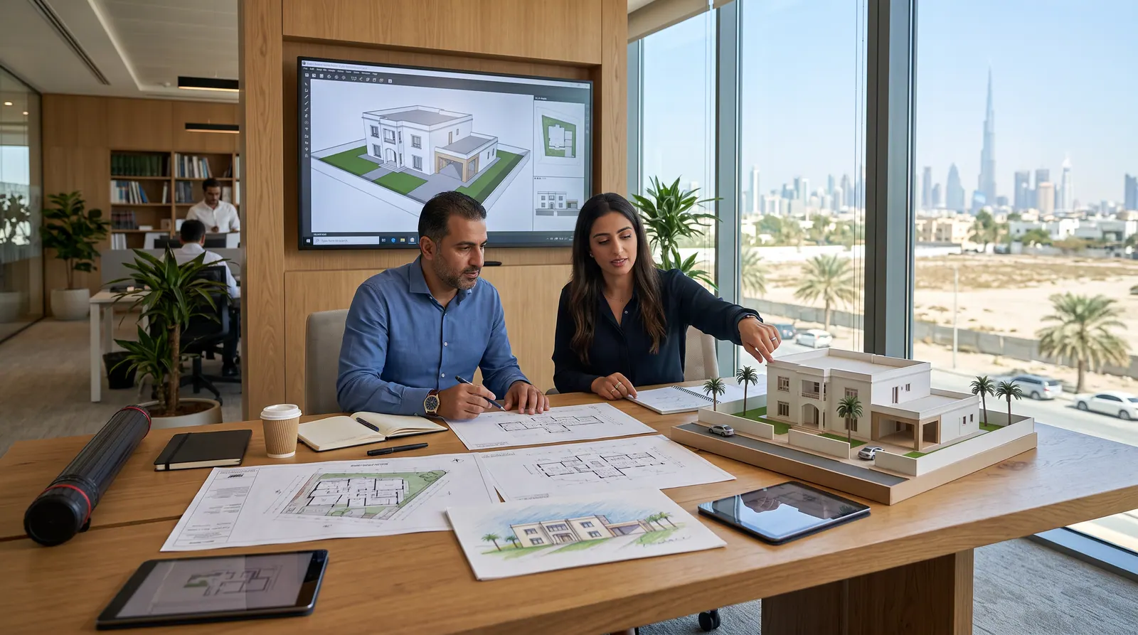 Architects reviewing an extension design and 3D model in the office