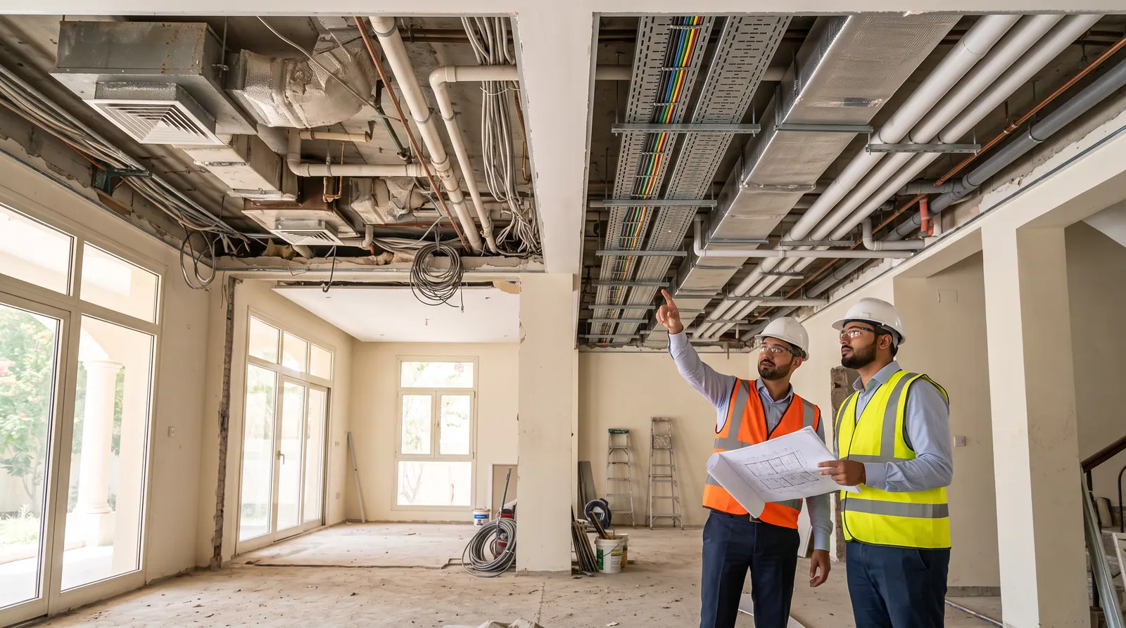 Site engineers inspecting exposed MEP services at ceiling level