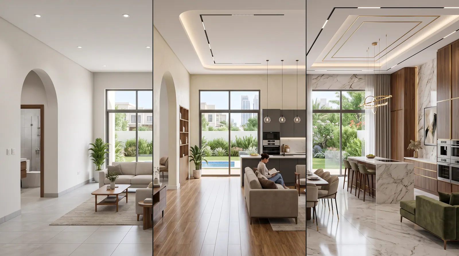 Open-plan villa interior showing living, dining and kitchen areas after renovation