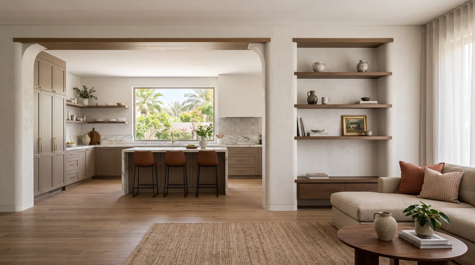 Finished open-plan kitchen and living area with a wide structural opening